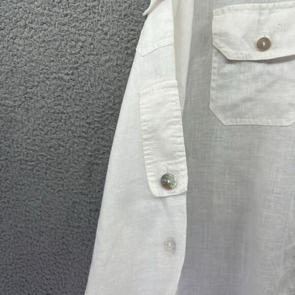 Chicos Button Top XL 3 Linen Pockets Roll Tab Long Sleeve White Beach Hike Fish - Picture 5 of 16